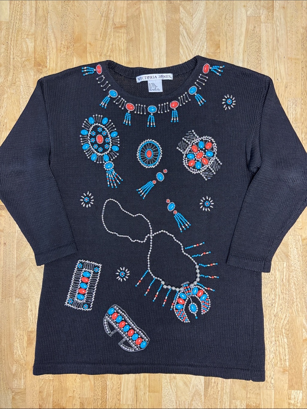 VTG Victoria Jones Southwestern Beaded Knit Sweater Turquoise Coral Western 80s
